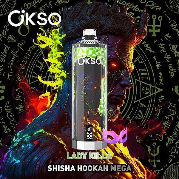 Cylindrical OKSO 'Lady Killa' shisha hookah mega device centered on a neon multicolored background featuring a fiery, horned male face with a glowing red eye, occult symbols, and a small pink masquerade mask icon