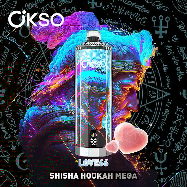 Vibrant advertisement showing a metallic, diamond-patterned hookah device labeled LOVE66 and OKSO surrounded by swirling neon blue and purple smoke and abstract cosmic artwork against a black background filled with teal mystical symbols, with the caption SHISHA HOOKAH MEGA at the bottom.