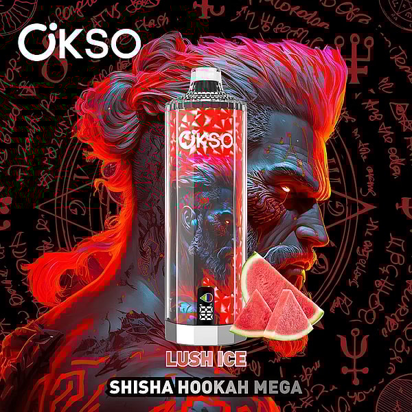 Tall metallic shisha hookah canister with vivid red and blue swirling artwork centered on a dark background of red symbolic glyphs and the OKSO logo in the top-left, with the labels LUSH ICE and SHISHA HOOKAH MEGA at the bottom.