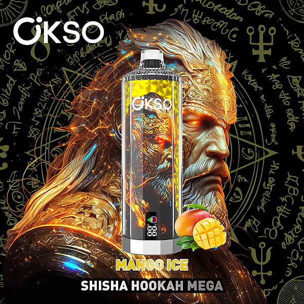 A tall metallic shisha hookah device labeled Mango Ice stands over a glowing golden armored figure with flowing hair and arcane circular symbols on a dark background, the OKSO logo in the top left and a mango slice with leaves near the base.