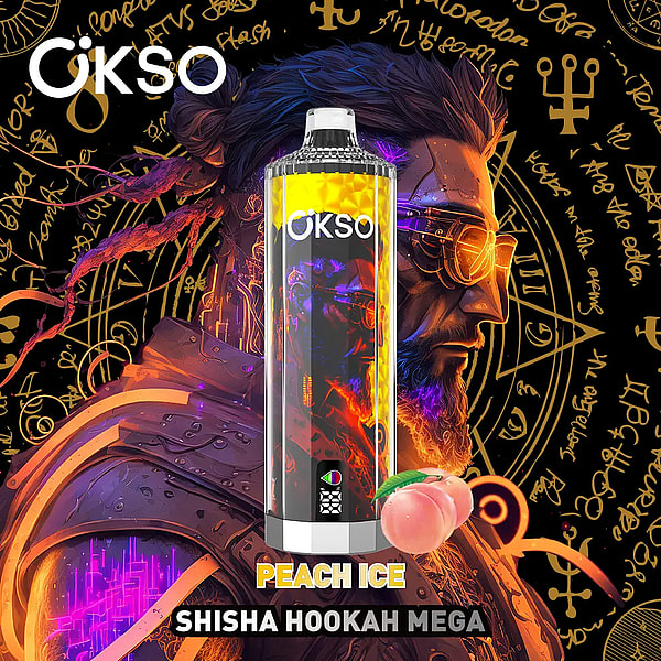 Tall OKSO-branded peach ice shisha/hookah canister with a vivid fiery label and a fresh peach in front, set against a neon orange-and-purple illustrated bearded man wearing goggles and armor, over a black background filled with golden mystical symbols and script.