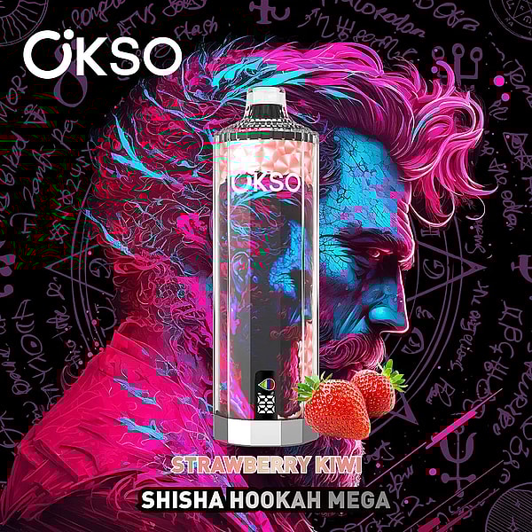 Metallic cylindrical shisha device decorated with bright pink and teal swirling patterns and a small strawberry at its base, set against a dark background of neon graffiti and mystical symbols, with the OKSO logo at top left and the labels STRAWBERRY KIWI and SHISHA HOOKAH MEGA at the bottom.