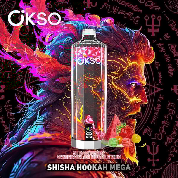 Vibrant ad showing a central OKSO Shisha Hookah Mega device with red flame graphics, set before a neon, multicolored stylized bearded face and arcane symbols, with a strawberry, watermelon slice and colorful bubble-gum balls at the base and the flavor label 'Strawberry Watermelon Bubble Gum'.