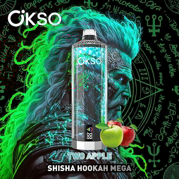 Teal-and-green neon illustration of an OKSO shisha canister centered over a glowing figure with long flowing hair against a black background patterned with mystical runes and symbols, accompanied by a red and green apple and the caption TWO APPLE SHISHA HOOKAH MEGA.