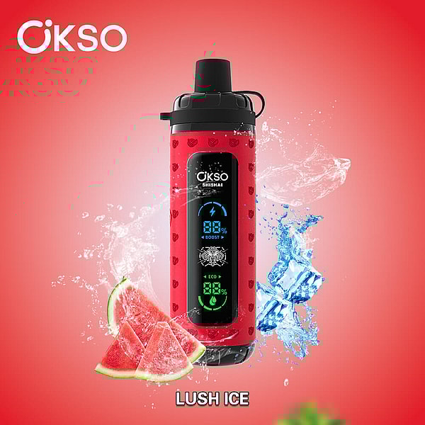 Red ÖKSO Shishai travel bottle with a black screw-top lid and vertical digital display, pictured upright with water splashes, ice cubes and watermelon slices against a red gradient background and the label LUSH ICE underneath