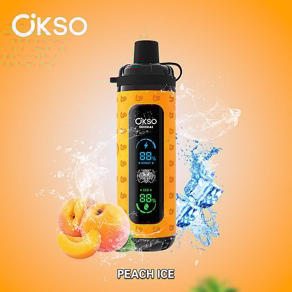 Orange OKSO Shishai vape device with a black mouthpiece and vertical LED display, shown amid splashing ice cubes and fresh peaches on an orange gradient background with the OKSO logo top-left and "PEACH ICE" text at the bottom.