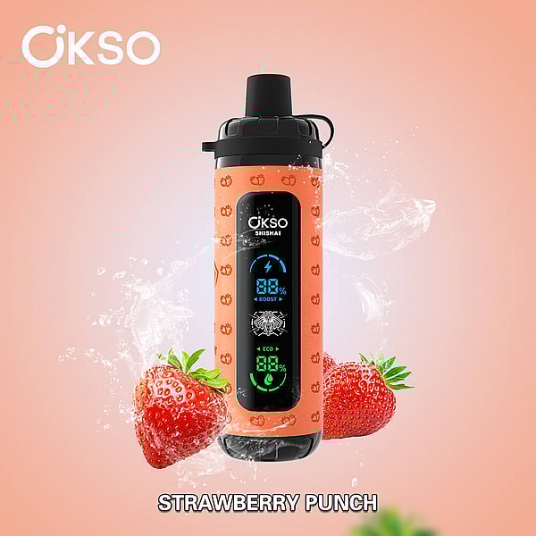 Vertical orange OKSO-branded device with a black mouthpiece and central digital display showing battery and mode icons, set against a peach background with splashing water and two strawberries and the caption "STRAWBERRY PUNCH" below.