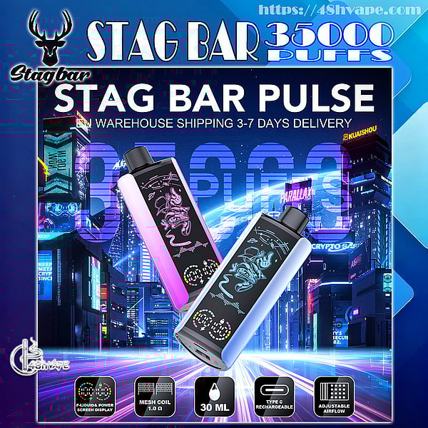 Advertisement for the Stag Bar Pulse vape showing two pastel pink and blue rectangular pod devices with deer graphics floating over a neon cyberpunk city backdrop, prominent text reading STAG BAR PULSE and 35000 PUFFS, and icons noting mesh coil 1.0 Ω, 30 mL e-liquid, Type‑C rechargeable port, and adjustable airflow.