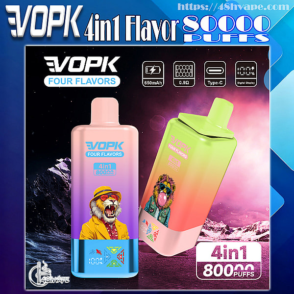 グラデーション仕上げの 2 台の VOPK 4-in-1 使い捨て電子タバコ デバイスを示す大胆な広告 (1 つは帽子をかぶって吠えるトラ、もう 1 つは泡を吹くサングラスをかけたサルを特徴としています) には、FOUR FLAVORS とラベルが貼られ、ネオンの山を背景に 650 mAh バッテリー、0.9 Ω コイル、Type-C 充電、デジタル ディスプレイのアイコンが表示され、4in1 80000 パフを主張しています。.