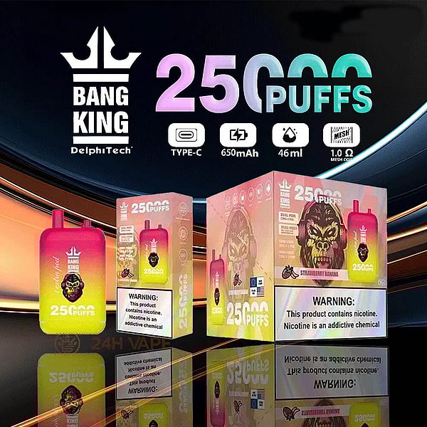 Colorful Bang King disposable vape devices and packaging with a pink-to-yellow gradient, gorilla-face logo and large "25000 PUFFS" text, product icons (Type‑C, 650mAh, 46ml, 1.0Ω mesh) and a nicotine warning displayed on a reflective surface against a dark background.