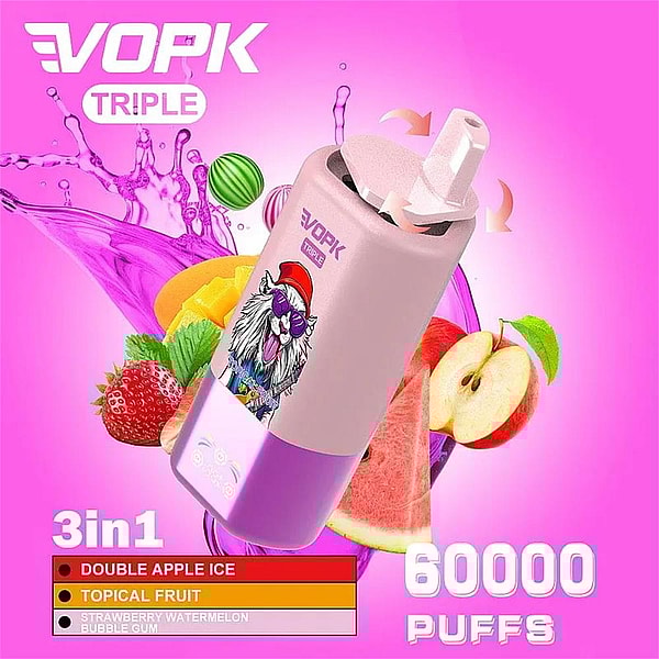 VOPK, dispositivo de vapeo desechable triple de color rosa brillante con una pegatina de león estilizada flotando entre fresas, sandía, manzana y mango, etiquetado con sabores 3 en 1 y 60.000 caladas.