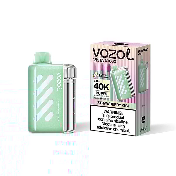 Mint-green Vozol Vista 40000 disposable vape with diagonal white stripes and a transparent chrome mouthpiece sits beside its matching pink-and-mint box labeled “Strawberry Kiwi” and “40K puffs” with a nicotine warning.