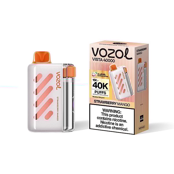 White and orange Vozol Vista 40000 disposable vape device with diagonal pink stripes, a clear cylindrical cartridge and orange mouthpiece shown next to its Strawberry Mango packaging labeled 40K puffs and a nicotine warning.
