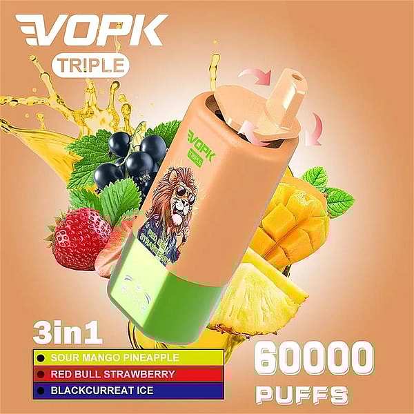 Un vaporizador desechable triple VOPK de color naranja y verde con un gráfico de león, que se muestra entre fresas, grosellas negras, rodajas de mango y piña, con un texto que dice opciones de sabor 3 en 1 y 60 000 caladas.