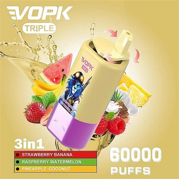 Vaporizador triple desechable VOPK amarillo y morado con un gráfico de león piloto azul de dibujos animados, mostrado sobre un fondo amarillo con imágenes de fresas, plátano, sandía, piña y coco, una lista de sabores '3 en 1' (fresa, plátano, frambuesa, sandía, piña y coco) y un texto grande de '60000 caladas'.