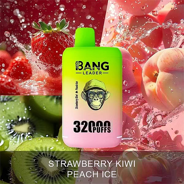 Gradient green-to-pink disposable vape device labeled BANG LEADER and 32000 PUFFS centered against splashing strawberries, peaches and kiwis, with the flavor name Strawberry Kiwi Peach Ice shown at the bottom.