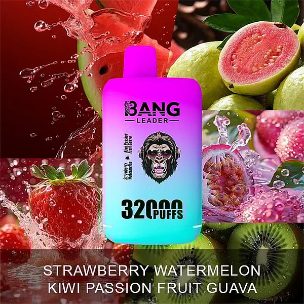 Bright pink-to-blue disposable vape device labeled BANG LEADER and 32000 PUFFS centered over a collage of splashing fruits — strawberry, watermelon, kiwi, passion fruit and guava — with the flavor names listed at the bottom.