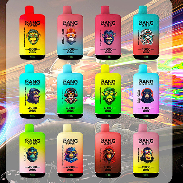 Twelve colorful disposable vape devices arranged in a 3x4 grid, each labeled “BANG LEADER” with a stylized monkey face illustration, “45000 puffs” text and a small digital display, set against a blurred racing car and swirling rainbow background.