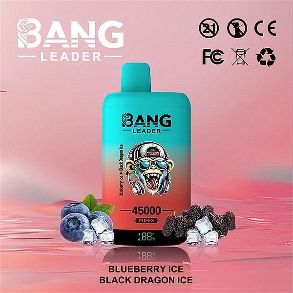 Teal-to-coral gradient disposable vape device labeled BANG LEADER and 45000 puffs on a pink background, shown with blueberries, blackberries and ice cubes, certification icons at the top right and flavor text reading BLUEBERRY ICE BLACK DRAGON ICE below.