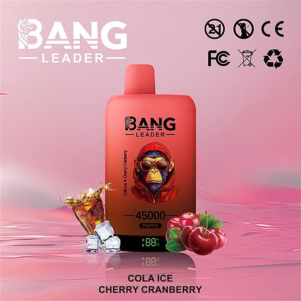 Red Bang Leader disposable vape device labeled 45,000 puffs and 'Cola Ice Cherry Cranberry' featuring a stylized hooded monkey logo, with cola splash, ice cubes and cherries at its base on a pink background with certification icons, and a small green digital display.
