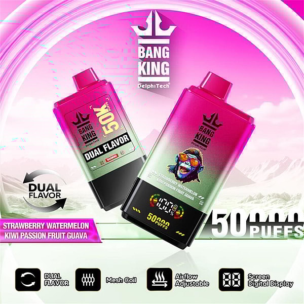 Promotional image of two pink-to-green Bang King DelphiTech disposable vape devices—one showing a colorful monkey logo and digital display—advertising dual flavors (strawberry watermelon; kiwi passion fruit guava), 50,000 puffs, and icons for dual flavor, mesh coil, adjustable airflow and screen display.