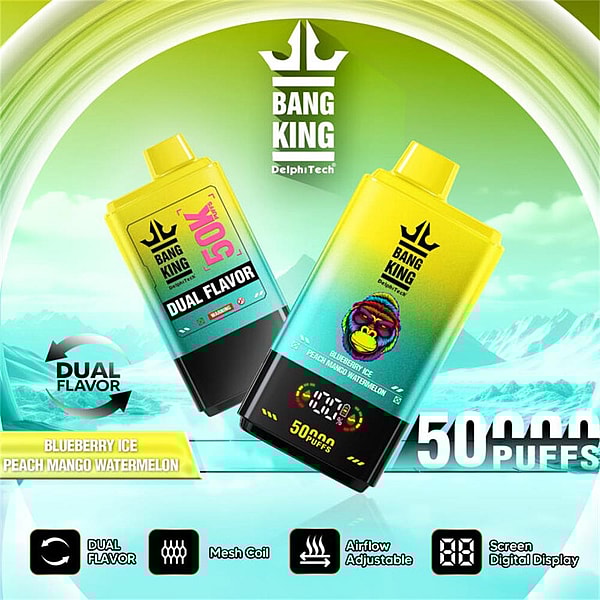 Two bright yellow-to-green Bang King disposable vape devices tilted against an icy teal background, labeled "Dual Flavor" and "50,000 puffs" with flavor names Blueberry Ice and Peach Mango Watermelon and icons for mesh coil, adjustable airflow, and a digital screen.