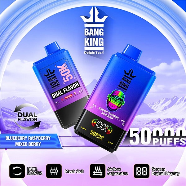 Two blue‑purple Bang King disposable vape devices—one with a colorful gorilla logo and digital puff display and the other labeled Dual Flavor 50K—floating against a stylized purple mountain background with prominent "50,000 PUFFS" text and icons for dual flavor, mesh coil, adjustable airflow, and screen display.