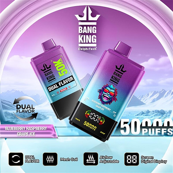 Two purple-to-blue gradient Bang King disposable vape devices labeled dual flavor (Blueberry Raspberry, Grape Ice) showing a 50,000 puffs count against an icy mountain background with icons for dual flavor, mesh coil, adjustable airflow and a digital screen display.