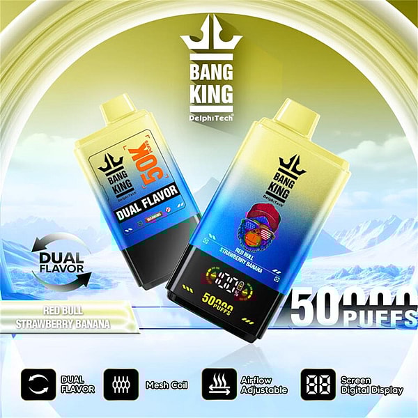 Promotional image of two Bang King disposable vape devices with yellow-to-blue gradient bodies labeled Dual Flavor (Red Bull Strawberry Banana) and prominently showing 50,000 puffs, set against a stylized snowy mountain background with feature icons for mesh coil, adjustable airflow and screen digital display.