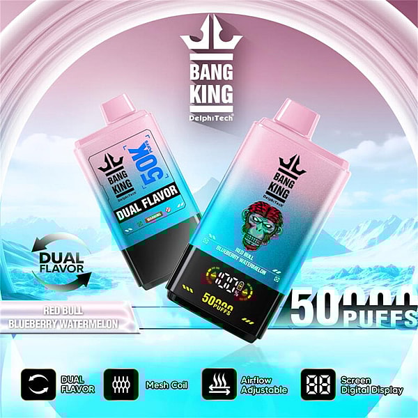 Two pink-to-blue gradient Bang King disposable vape devices floating against an icy mountain background, featuring a crown logo and monkey-face artwork, labeled 'Dual Flavor' with flavors 'Red Bull, Blueberry Watermelon' and '50,000 puffs', plus icons for mesh coil, adjustable airflow and digital display.