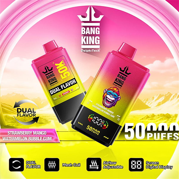 Two gradient pink-to-yellow Bang King disposable vape devices against a pink and yellow swirled background, one showing a colorful monkey graphic and digital puff counter, with prominent text advertising 50,000 puffs and dual flavors (Strawberry Mango and Watermelon Bubble Gum) and icons for mesh coil, adjustable airflow, and digital screen.