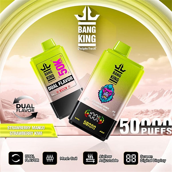 Two lime-green Bang King disposable vape devices angled against a stylized golden mountain background with a crown logo above, labeled Dual Flavor (Strawberry Mango and Strawberry Kiwi) and highlighting a 50,000-puff digital counter and icons for mesh coil, adjustable airflow and screen display.