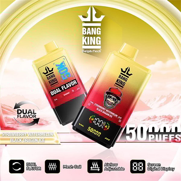 Advertisement showing two yellow-to-red gradient Bang King DelphiTech vape devices with a crown logo, one labeled Dual Flavor and both listing Strawberry Watermelon/Black Dragon Ice and 50,000 puffs, set against a golden sky background with icons for dual flavor, mesh coil, adjustable airflow, and digital screen.