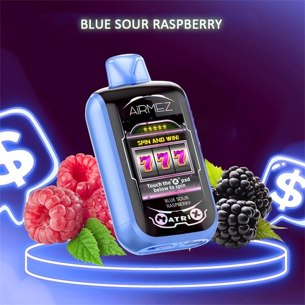 Blue sour raspberry Airmez vape device with a slot-machine style screen showing “777” and “SPIN AND WIN,” displayed on a glowing neon platform flanked by raspberries, blackberries and dollar-sign neon icons.