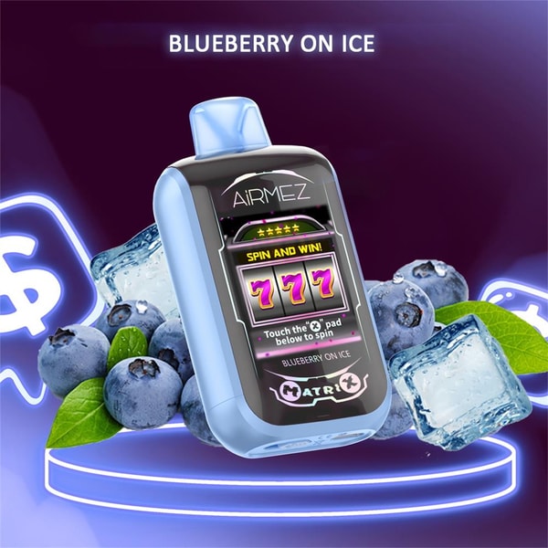 Light blue AiRMEZ vape device with a slot-machine style screen showing 777, arranged on a neon-lit purple background with blueberries, ice cubes and glowing dollar icons and the words “BLUEBERRY ON ICE” above.