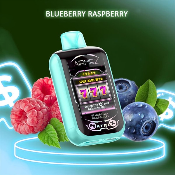 Teal Airmez Blueberry Raspberry vaping device with a slot-machine style '777' screen, shown on a glowing neon pedestal and surrounded by fresh raspberries and blueberries.