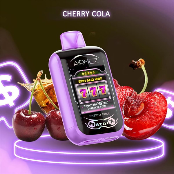 Glossy purple AiRMEZ Cherry Cola vape device with a slot-machine style screen showing 777, perched on a neon-lit pedestal surrounded by whole and halved cherries and glowing dollar-sign icons.