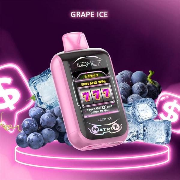 Pink AiRMEZ Grape Ice vape device featuring a slot-machine style screen showing triple 7s, set on a neon pink platform with frosted grapes and ice cubes against a purple background.