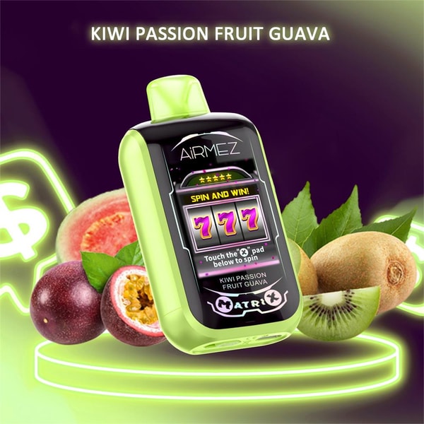 Bright lime-green disposable vape device labeled AirMez with a slot-machine screen showing "777" and "Spin and Win!", placed on a glowing neon pedestal against a purple background and flanked by halved kiwi, passion fruit and guava with a neon dollar-sign icon.