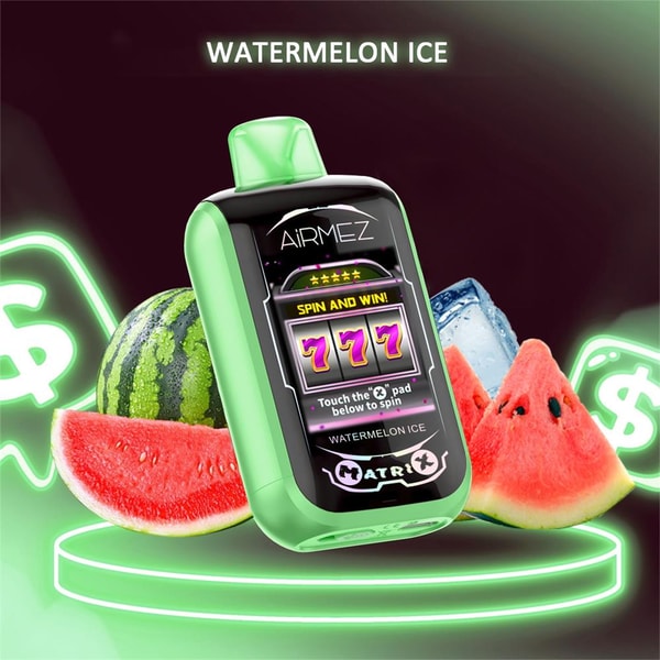 Neon-green AirMez vape device with a slot-machine style screen showing 777 and 'Spin and Win,' displayed on a glowing platform between watermelon slices and an ice cube, with 'WATERMELON ICE' text and neon dollar icons in the background.