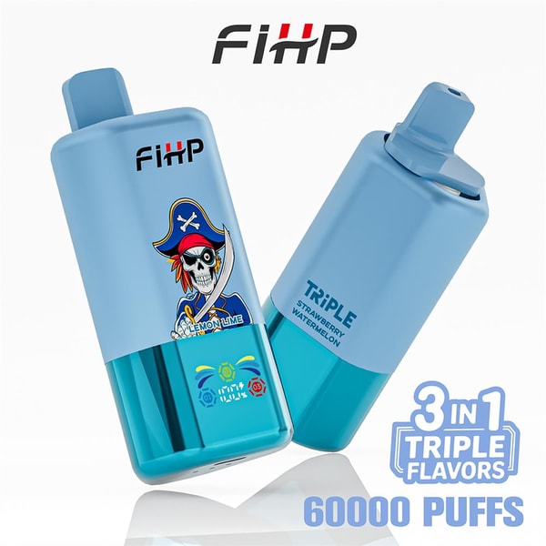 Two light-blue FIHP disposable vape devices on a white background—one has a pirate-skeleton 'Lemon Lime' sticker and the other is labeled 'TRIPLE Strawberry Watermelon' with a nearby badge reading '3 in 1 Triple Flavors 60000 Puffs'.
