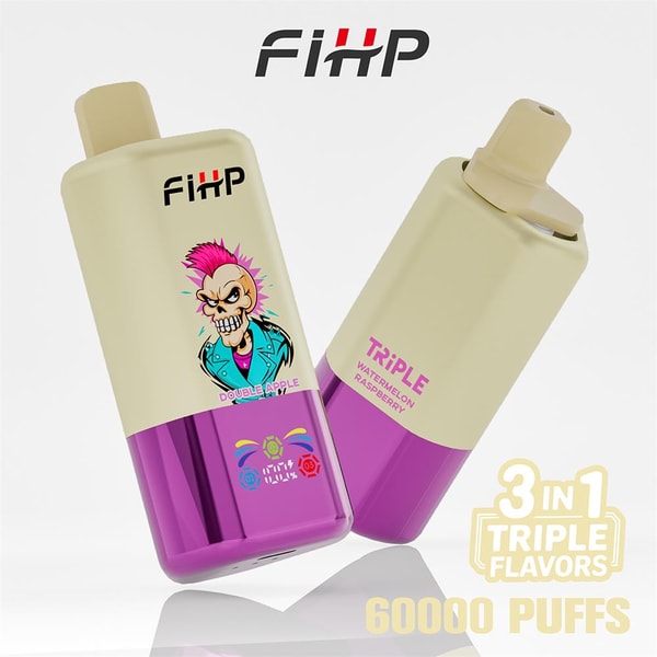 Two cream-and-purple disposable vape devices branded FIHP, one showing a punk skull illustration with 'Double Apple' and the other labeled 'Triple Watermelon Raspberry', with promotional text '3 in 1 Triple Flavors' and '60000 Puffs' visible.