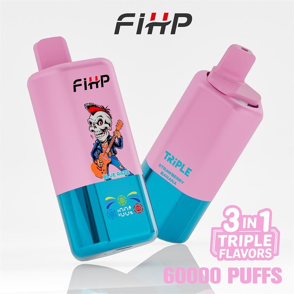 Two pink-and-teal FIHP disposable vapes on a white background—one shows a cartoon skeleton guitarist labeled Blue Razz and the other is marked Triple Strawberry Banana, with promotional text noting 3 in 1 Triple Flavors and 60000 Puffs