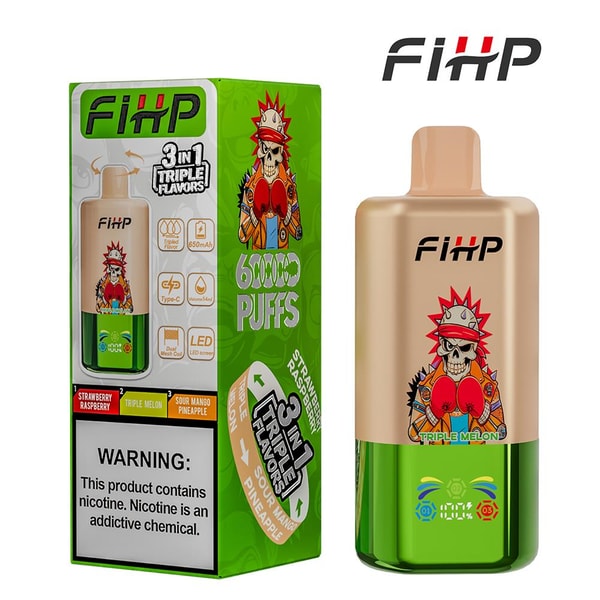 Gold-and-green FIIP disposable vape device beside its green box, labeled "6000 PUFFS" and "3 in 1 Triple Flavors" with flavor names (Strawberry Raspberry, Triple Melon, Sour Mango Pineapple) and a nicotine warning panel.