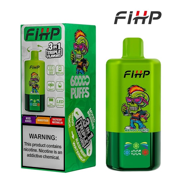 Bright green FIHP disposable vape device featuring a cartoon skull with pink sunglasses and 'Mango Peach' label beside its matching green box showing '6000 PUFFS', '3 in 1 triple flavors' icons and a nicotine warning panel.