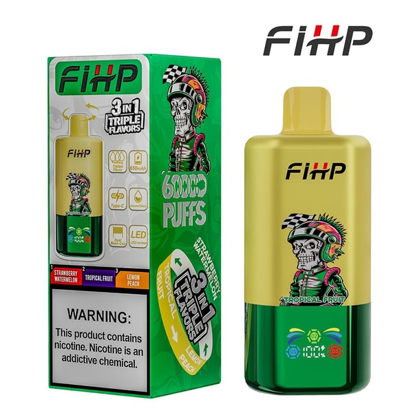 FIHP disposable vape and matching green retail box showing a gold-and-green device with a skull-in-a-racing-helmet illustration, prominent "6000 PUFFS" and "3-in-1 Triple Flavors" branding, listed flavor names, and a nicotine warning on the packaging.
