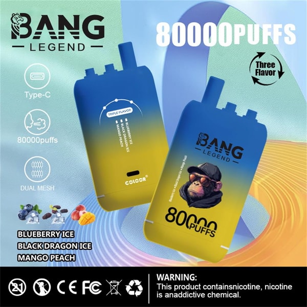 Two blue-to-yellow gradient disposable vape devices labeled BANG LEGEND featuring a stylized monkey illustration, prominent "80000 PUFFS" claim, icons for Type-C charging and dual mesh, three flavors listed (Blueberry Ice, Black Dragon Ice, Mango Peach), and regulatory icons with a nicotine-addiction warning.