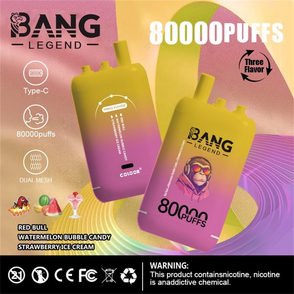 Two yellow-to-pink gradient Bang Legend disposable vape devices on a colorful abstract background, one showing a stylized ape wearing goggles and both labeled 80,000 puffs, accompanied by icons for Type-C, 80,000 puffs and dual mesh, flavor illustrations and names (Red Bull, watermelon bubble candy, strawberry ice cream), and a black bottom strip with a nicotine-warning and certification symbols.