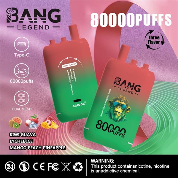 Two red-to-green gradient disposable vape devices labeled BANG LEGEND with a stylized monkey face and large 80000 PUFFS text on a pink and green swirled background, surrounded by icons for Type‑C charging, dual mesh and three-flavor, small fruit images and flavor names (Kiwi Guava, Lychee Ice, Mango Peach Pineapple), and a black warning strip about nicotine addiction.