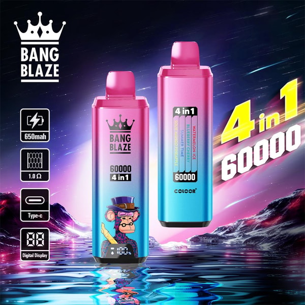 Two pink-to-blue gradient Bang Blaze disposable vape devices — one front-facing with a cartoon monkey graphic and a digital battery readout, the other showing a 4-in-1 flavor indicator — set against a cosmic purple-blue landscape with large '4 in 1 60000' branding and side icons for 650mAh, 1.0Ω, Type-C charging, and digital display.